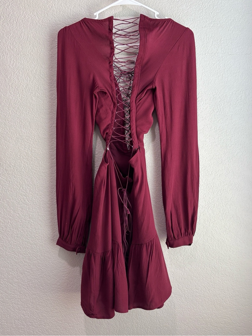 For Love & Lemons Lace Up Long Sleeve Mini Dress in Wine Red Size Small - Picture 9 of 10